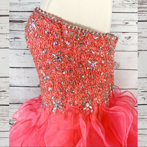 Hot pink formal dress gown beaded ruffles - Picture 5 of 6